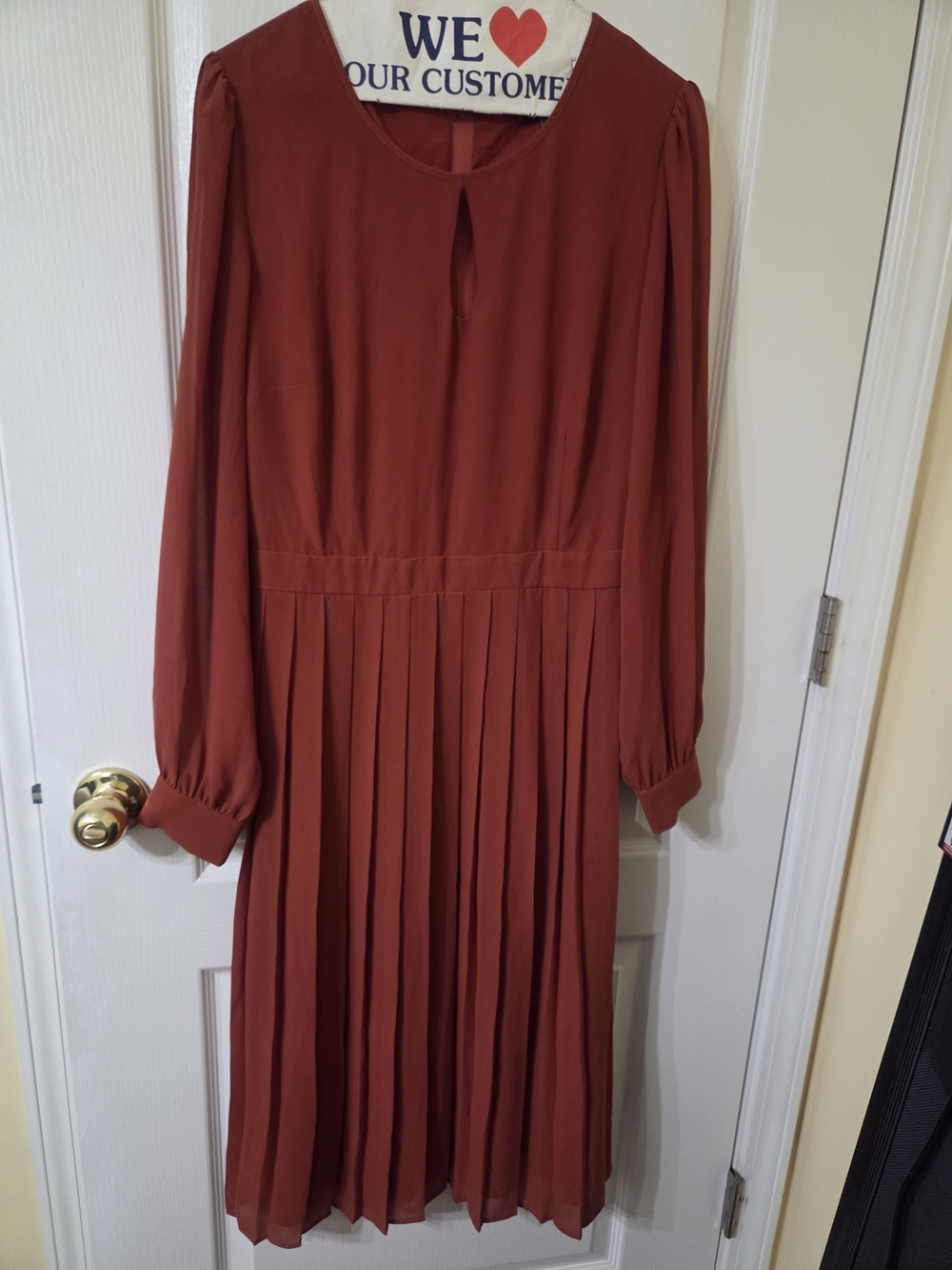 Modcloth Rust Long-Sleeve Pleated Keyhole Midi Dress